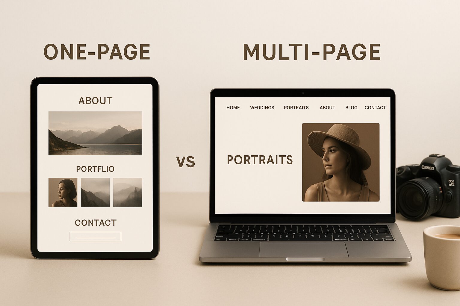 A comparison digital photograph displays a tablet with a one-page photography website layout and a laptop with a multi-page layout, showing different navigation structures.