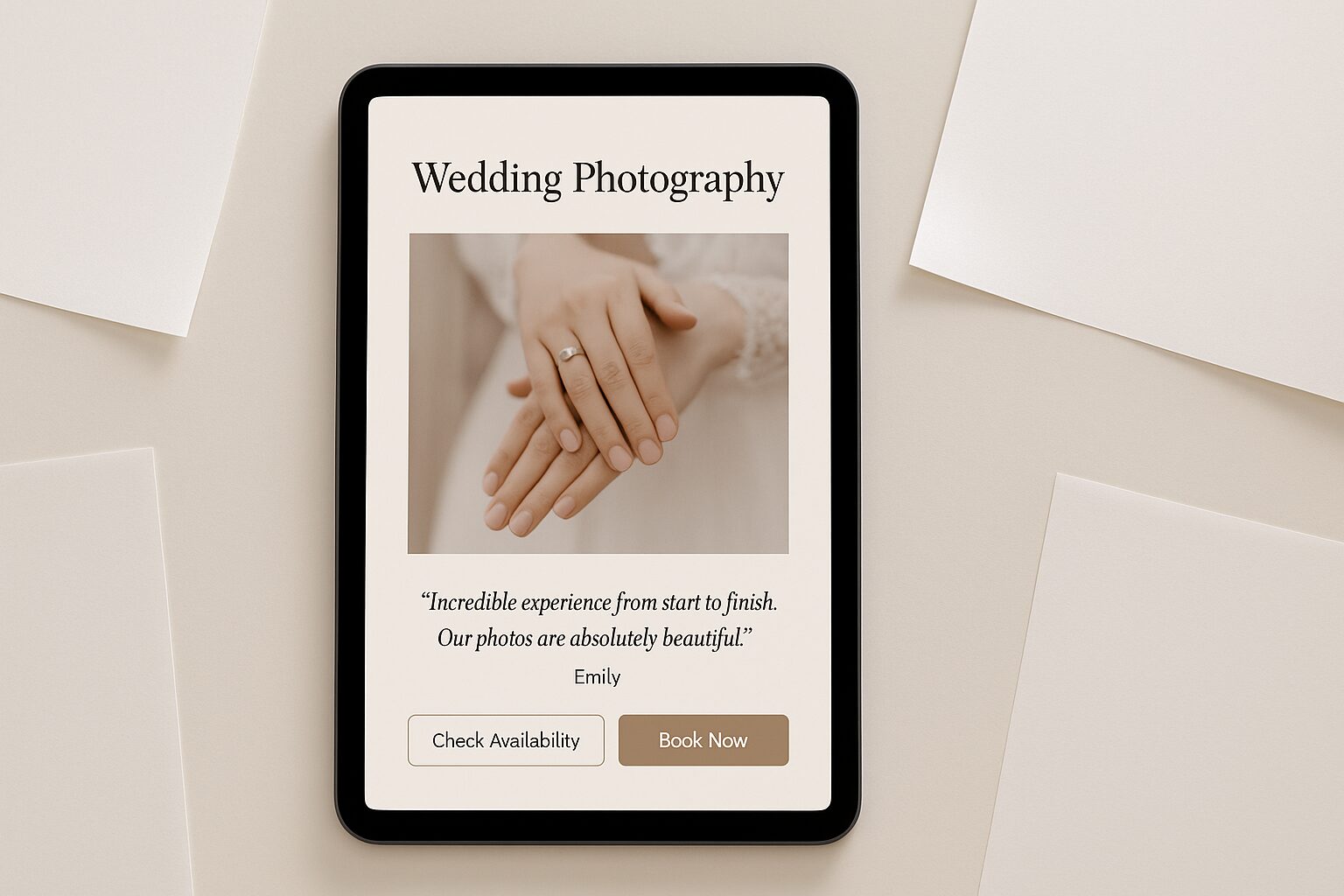 A digital photograph features a tablet displaying a wedding photography landing page with the fonts Nunito and Playfair Display. The page includes an elegant image of a bride’s hands with an engagement ring, a romantic testimonial, and two call-to-action buttons—“Check Availability” and “Book Now”—on a soft beige background.