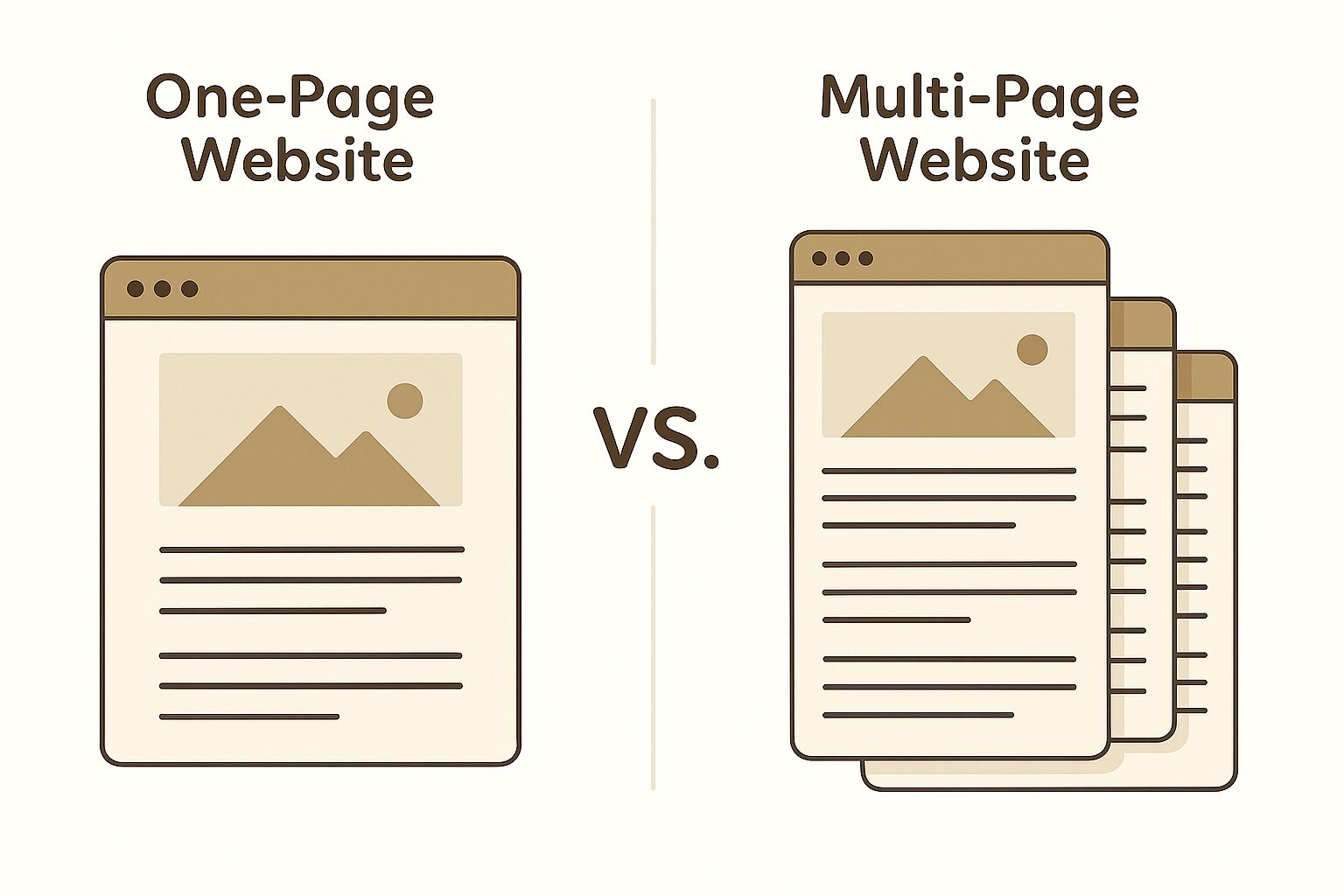 Visual comparison of a one-page vs multi-page photography website, showing layout differences between scrolling sections and separate pages.