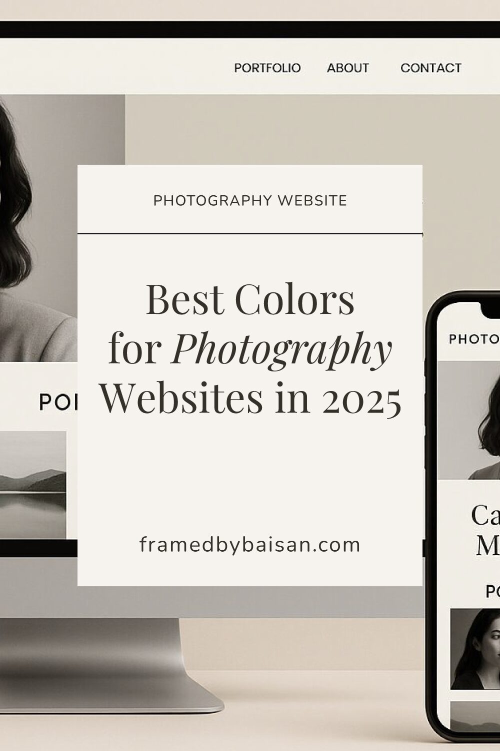 A stylish website mockup showing a modern photography site on desktop and mobile with the title “Best Colors for Photography Websites in 2025.”