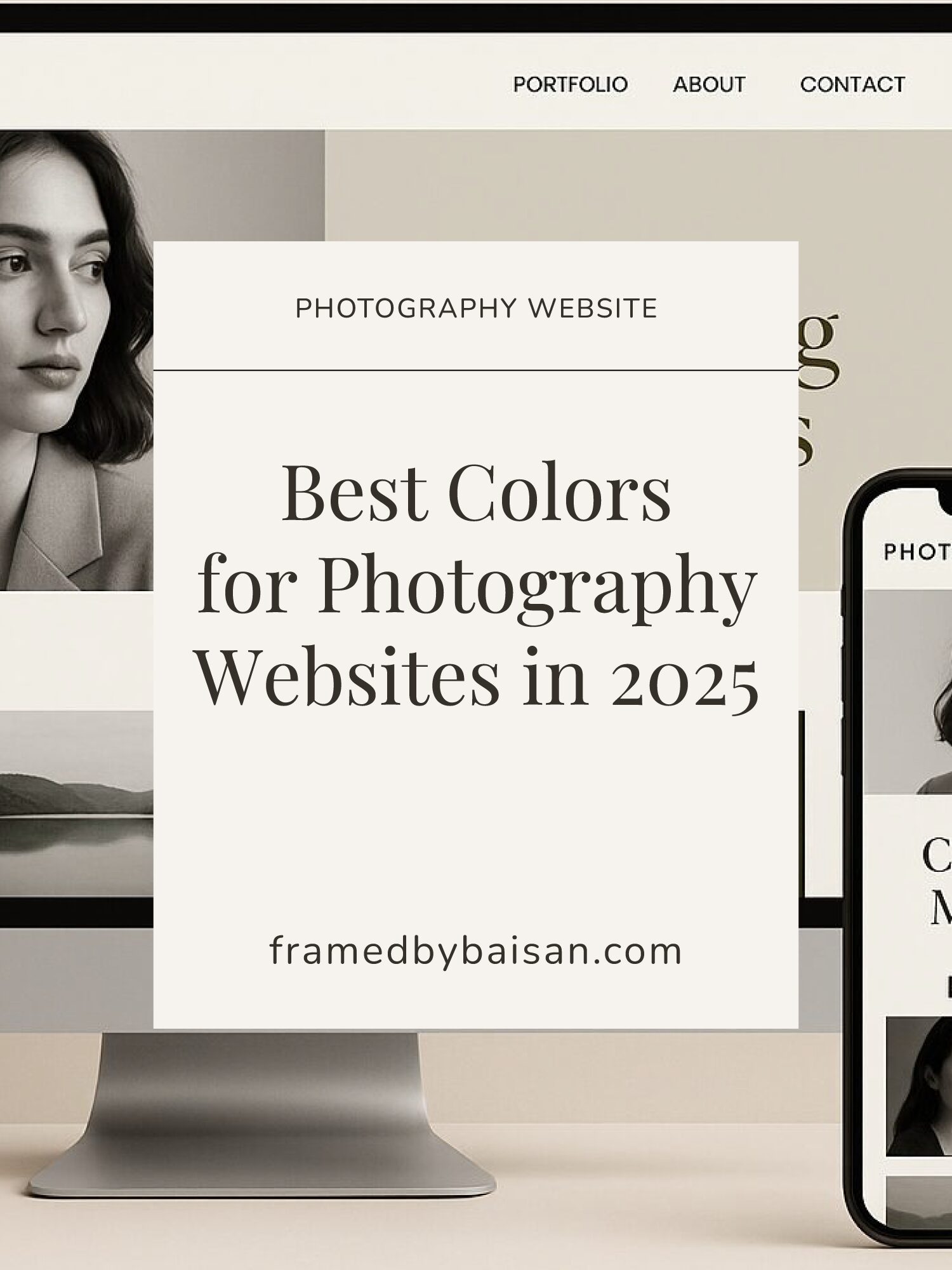 A stylish website mockup showing a modern photography site on desktop and mobile with the title “Best Colors for Photography Websites in 2025.”