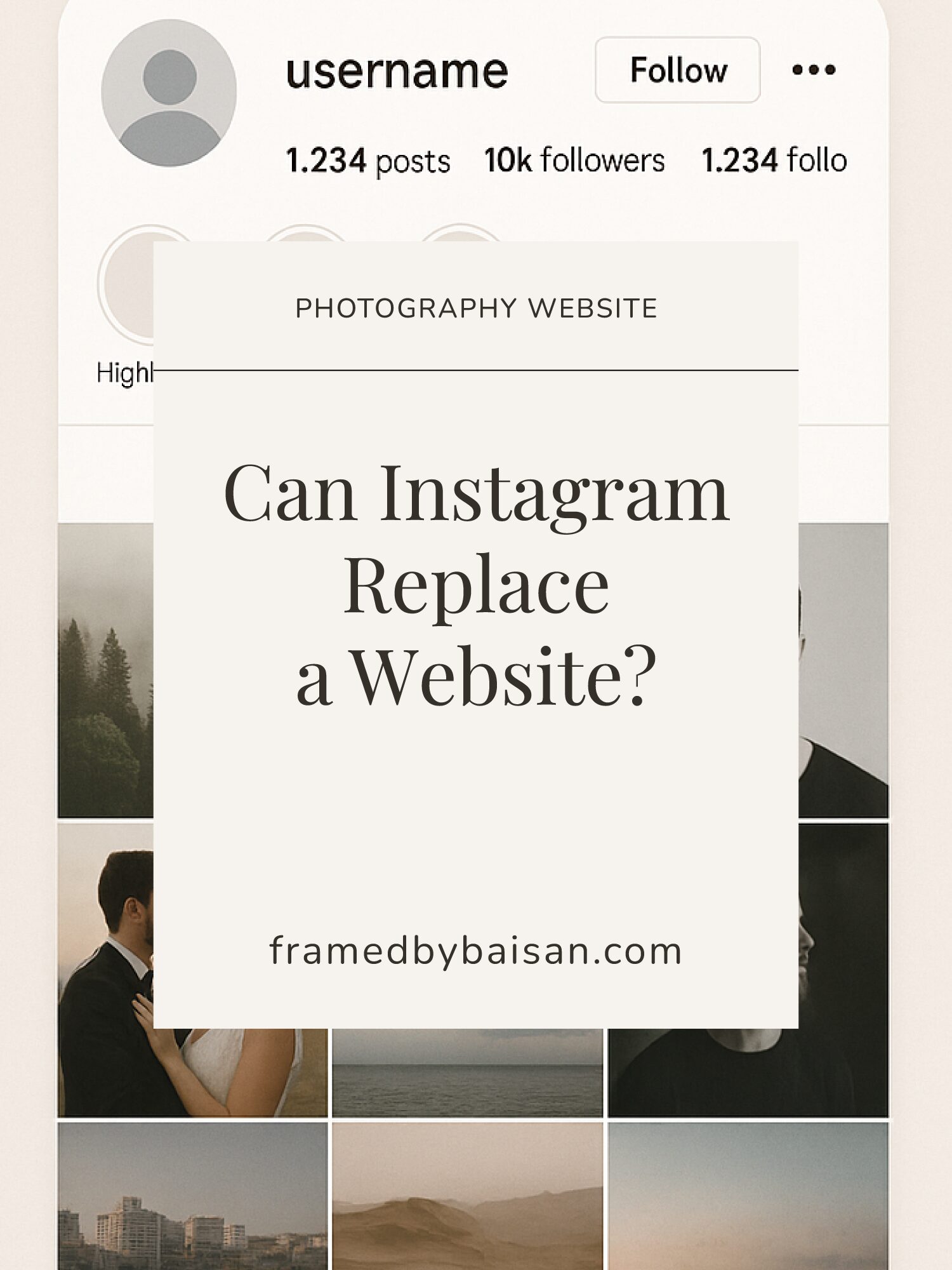Screenshot-style layout of an Instagram profile with a muted photography feed in the background — symbolizing the debate between social media and personal websites for photographers