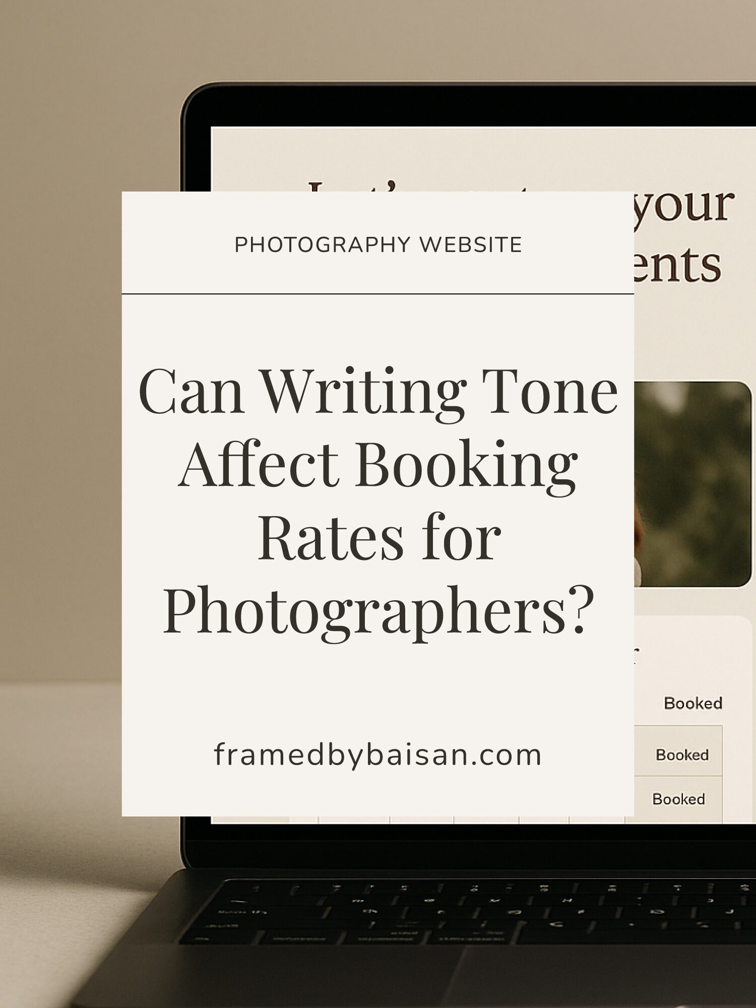 Laptop showing booking calendar interface and website copy, representing the impact of tone on photography client bookings