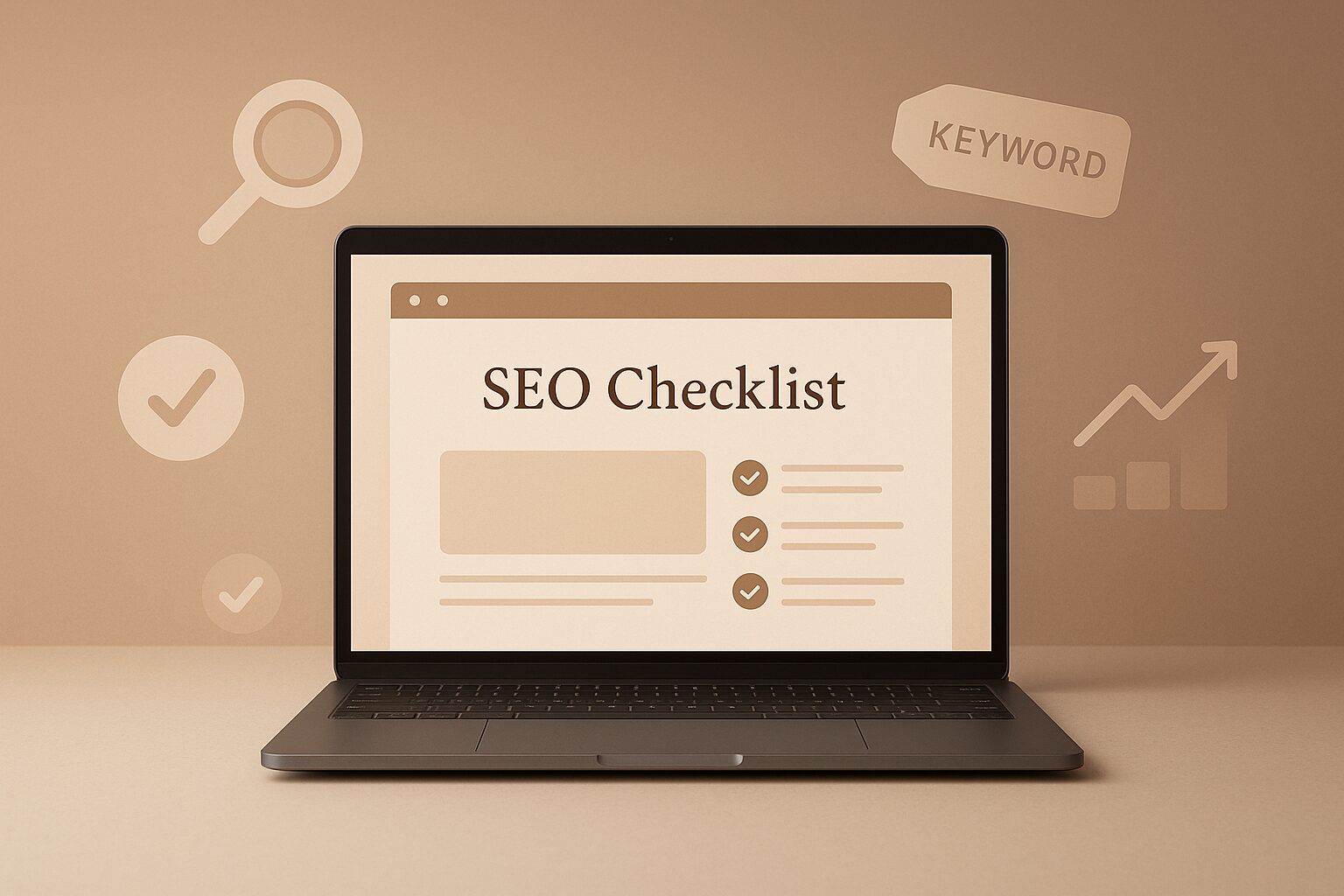 Laptop displaying a one-page website SEO checklist with floating SEO icons including keyword tags and upward graphs in warm minimalist tones.