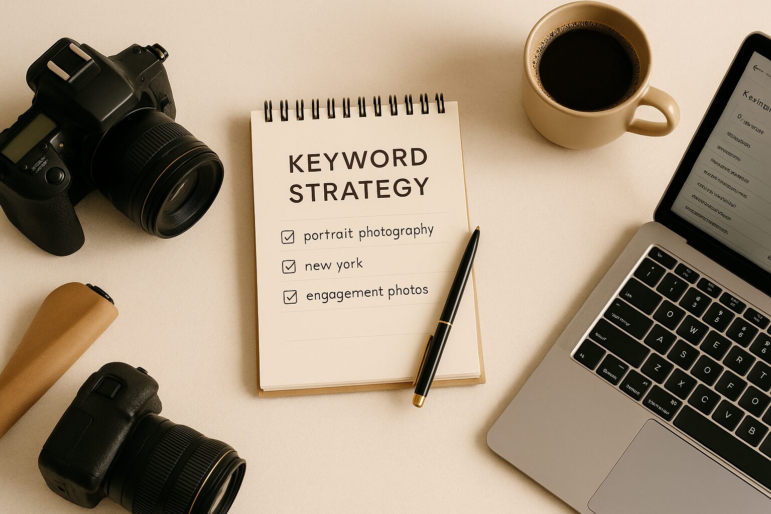 Flat lay of a keyword strategy notepad with checked keywords, DSLR cameras, laptop showing keyword research, and a coffee cup on a beige textured surface.