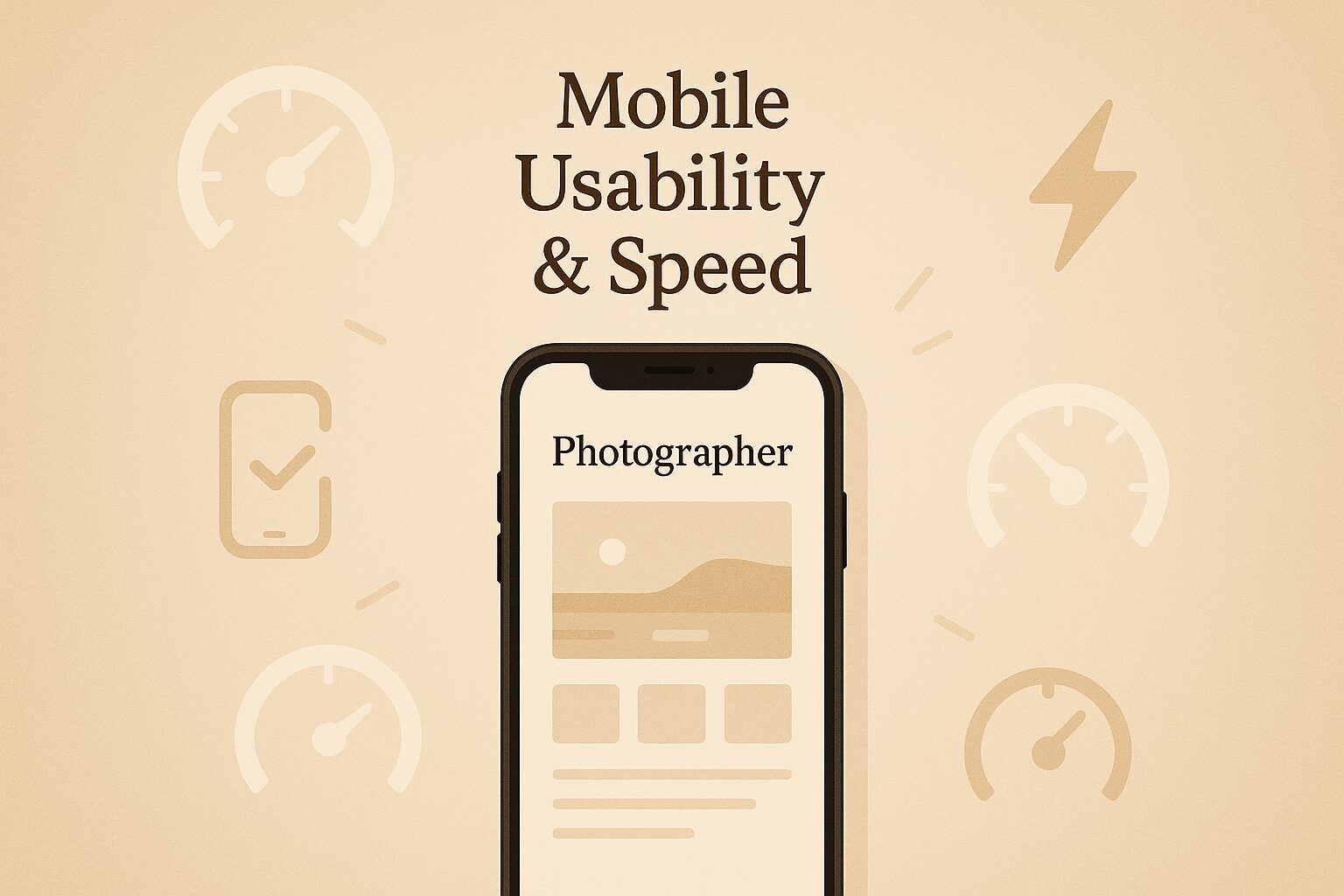 Minimalist smartphone illustration showing a fast-loading photography website, surrounded by speedometer and lightning bolt icons, with warm beige tones.