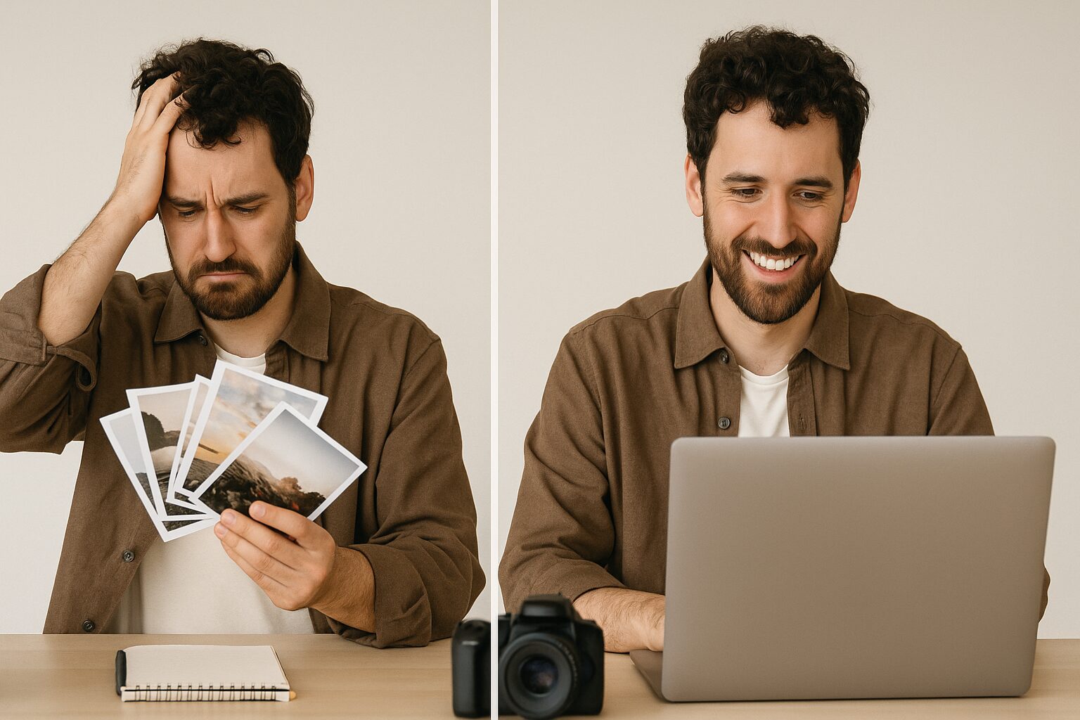 A split-screen image of a photographer; on the left he looks frustrated holding photo prints, on the right he is smiling while using a laptop.