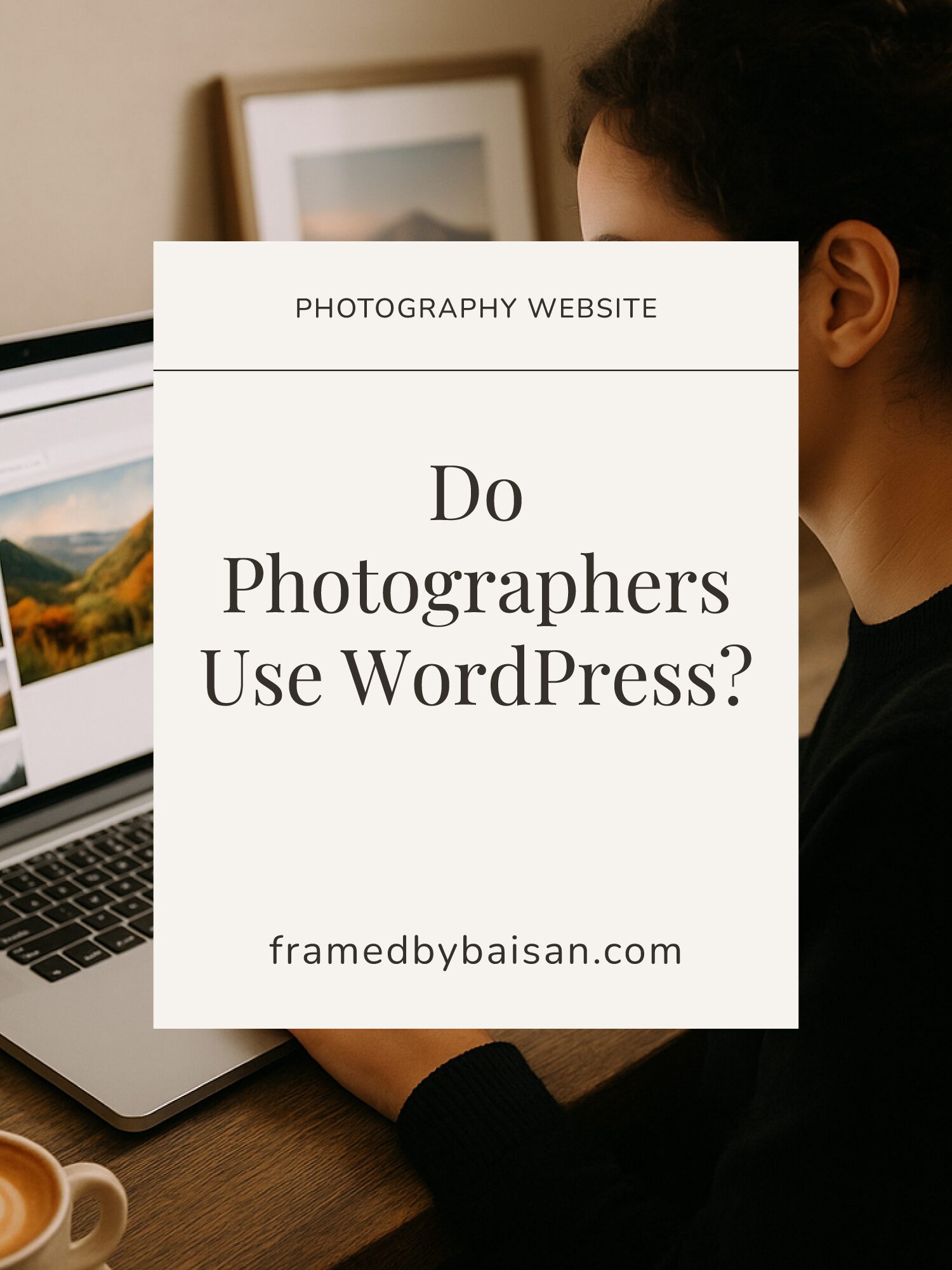 Photographer working on a laptop displaying a landscape photo gallery — representing research or setup of a photography website on WordPress
