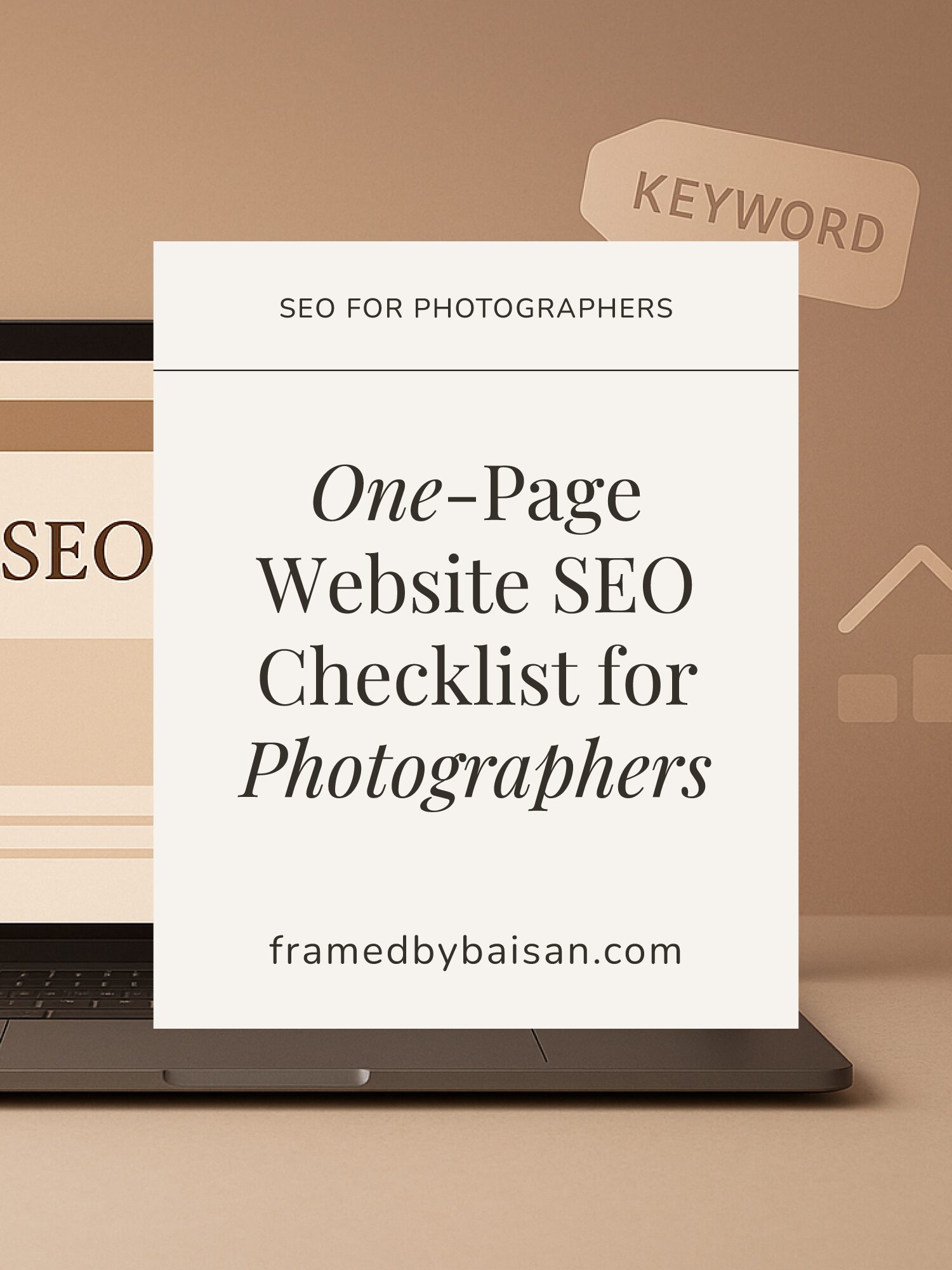 Laptop screen with the word “SEO” and floating keyword tags, representing search engine optimization for one-page photography websites