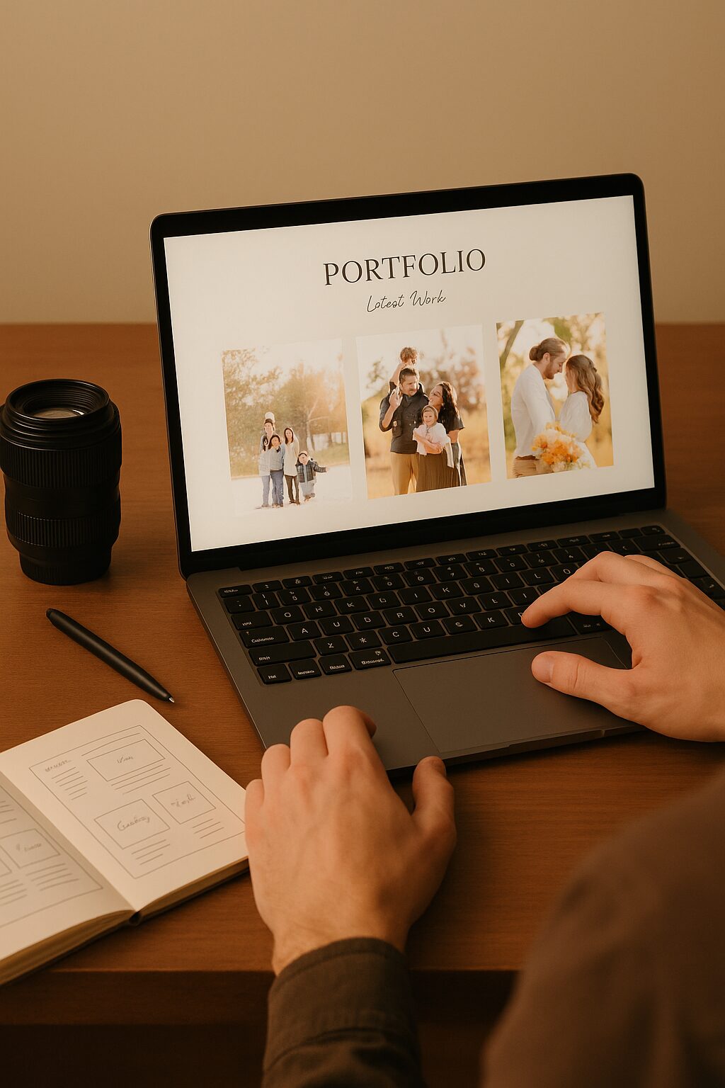 A photographer reviews a photography-website-design mock-up on a laptop, showcasing family and wedding images. A minimalist desk with camera lens, pen, and wireframe sketches reinforces a focused, creative workspace.