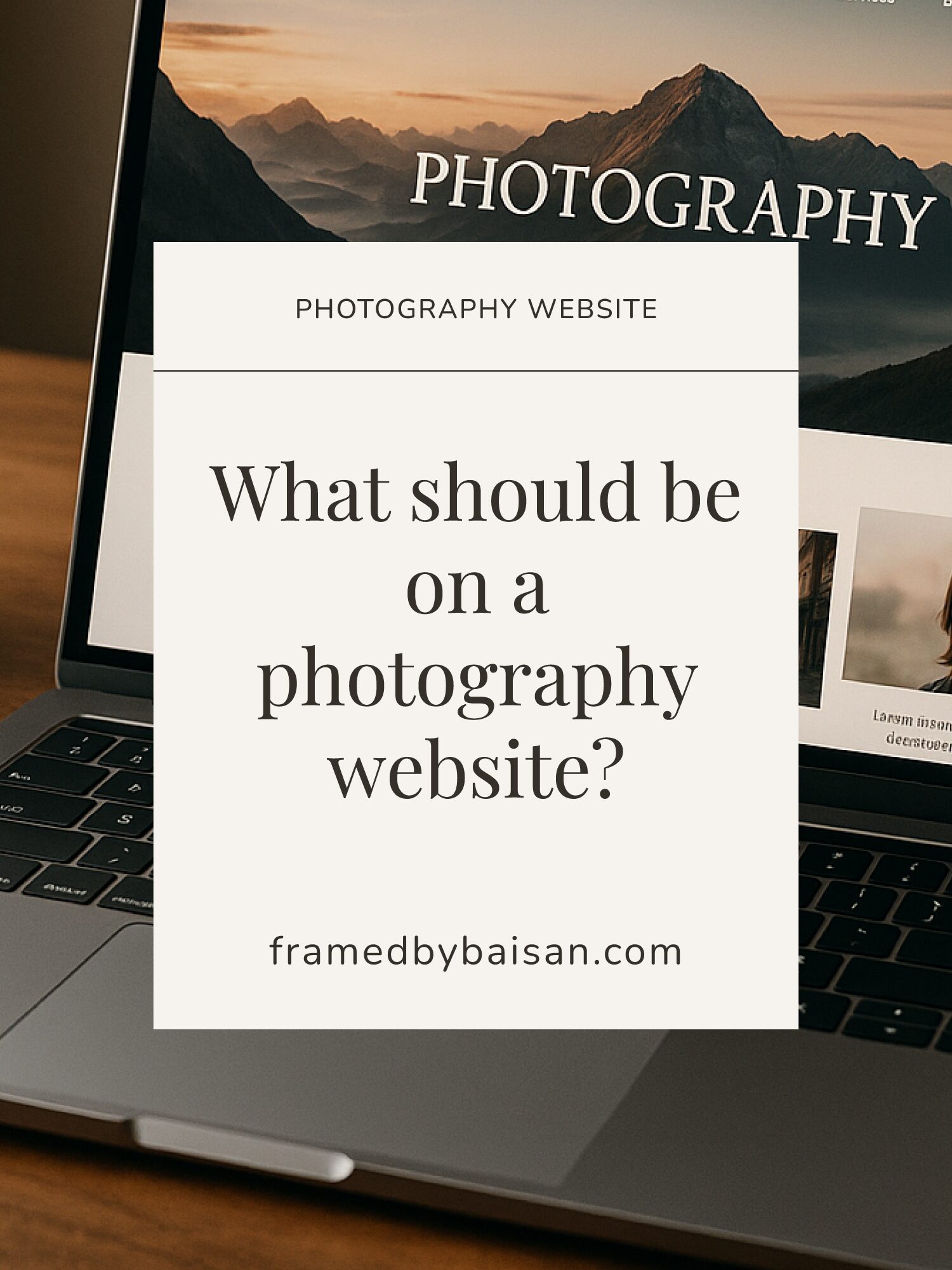 Laptop screen showing a scenic photography homepage layout, representing essential sections of a well-structured photographer website